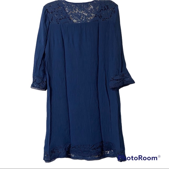 Sharagano Navy Blue Lace Detail Three Quarter Sleeve Dress Size L - Picture 2 of 9